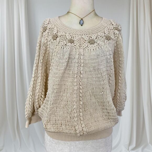 Boho Coquette Knit Cream White Boho Flower Crochet Bat Sleeve Boxy Top One Size - Picture 1 of 7